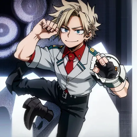 1boy, male focus, boku no hero academia, masterpiece, best quality, very aesthetic, muscular body, neat spikier on each end hair, blonde hair, blue eyes, smirk, gray jacket, red tie, white shirt, teal pants, boots 