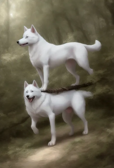 white dog riding on a white siberian husky in the forest.rin々a good appearance