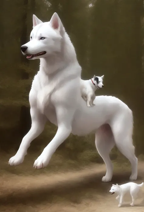 white dog riding on a white siberian husky in the forest.rin々a good appearance