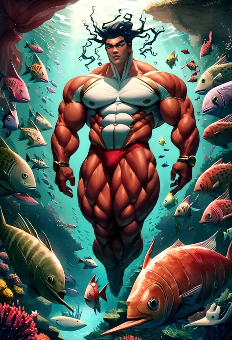 Um homem em forma, bonito, nu e musculoso, huge bodybuilder physique, com cabelo loiro curto, Red swimming speedos, a diver swimming in a vibrant underwater environment, Imagem de corpo inteiro, visto de baixo