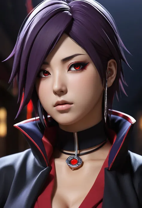 Konan de Naruto Shippuden em um estilo de arte digital detalhado e realista, com cabelo roxo preso, usando uma blusa preta, wearing an open dark coat with red lining and a notable choker-like neck accessory. Art style emphasizes detailed shading and lighti...