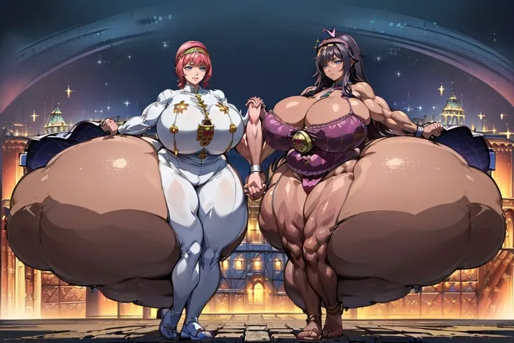 (Private 4K)、(High resolution:1.2)、(High freshness:1.2)、(Whole Body Ezbian:1.2)、、((A gigantic mother and her adorable little son holding hands in a medieval European city:1.8)、((Woman with exaggerated big physique))、(Huge muscles:1.4)、,((very dark skinned ...