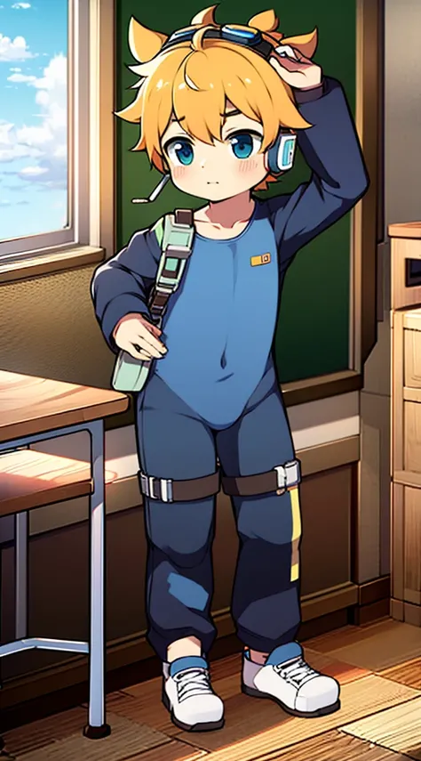 2D Shonen Shota，One-piece mountaineering suit，Put the headphones on your head，permanent，goggles，trumpet，Cow ears，sports shoes，classroom