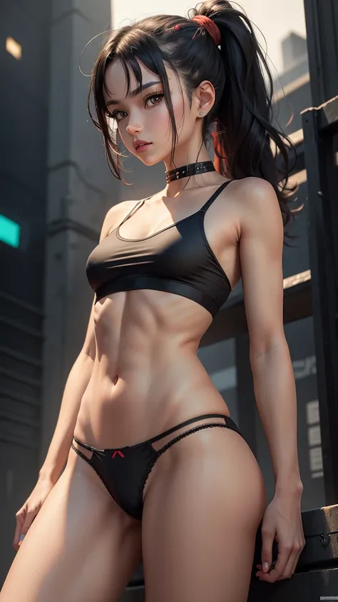 solo, 1girl, (masterpiece), ((16 year old appearance)), mohalk punk hair, small breasts, yellow eyes, ((detailed eyes)), (athletic body), (simple black cropped), (simple sexy micro black top with red details), looking at the screen, orange lipstick, visibl...