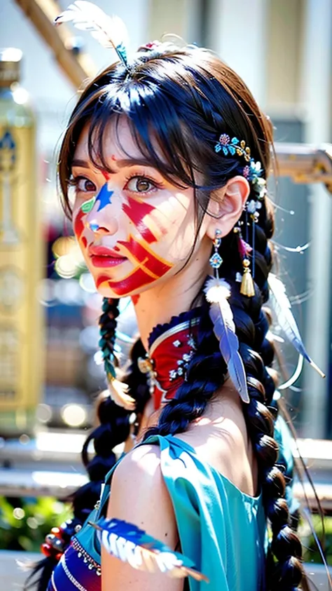 1girl, solo, headdress, long_hair, feathers, jewelry, blue_hair, gem, red_background, lips, hair_ornament, profile, braid, portr...