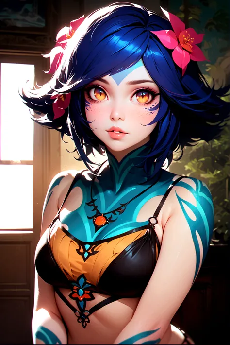 masterpiece,(best quality,top quality,8k),ultra detailed,painting,detailed eyes and face,(1girl),neeko, multicolored hair,(short hair), facial mark, forehead mark, hair ornament, hair flower, necklace, (black bikini),(thick lips:1.1),(puffy eyes) ,good con...