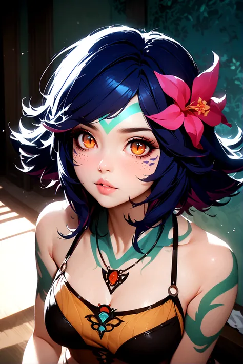 masterpiece,(best quality,top quality,8k),ultra detailed,painting,detailed eyes and face,(1girl),neeko, multicolored hair,(short hair), facial mark, forehead mark, hair ornament, hair flower, necklace, (black bikini),(thick lips:1.1),(puffy eyes) ,good con...