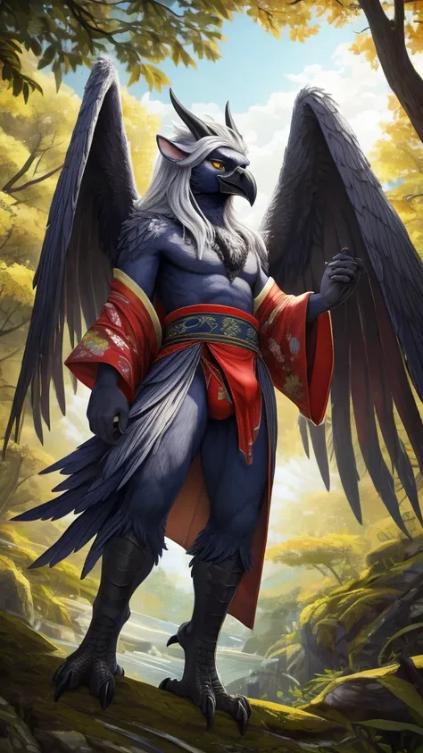 ultra-detailed, masterpiece, masterwork, high quality, best quality, hdr, (nature, japanese style), nsfw, male, solo, dragon, avian, (kimono, bulge loincloth), (navy little body crow), (long silver hair, beak, horn), detailed yellow eyes, dynamic angle, wi...