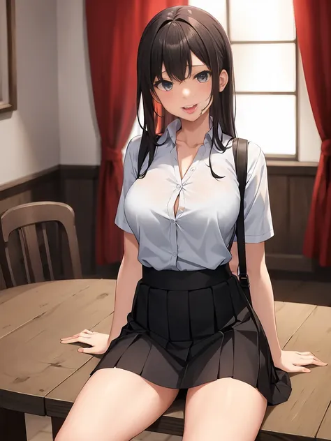 best quality, (on the table:1.2), Very detailed,indoors, Rin Harusaka,1 girl in, alone, looking at the audience, from the front, Keep your mouth shut, Smile,long hair, brown hair, blue eyes,Red shirt, mini skirt, black skirt, black company,(skirt lift:1.3)...