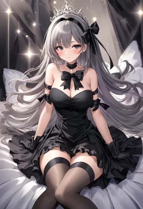 1girl, solo, long hair, breasts, blush, bangs, large breasts, thighhighs, gloves, dress, ribbon, cleavage, bare shoulders, sitting, very long hair, closed mouth, closed eyes, hair ribbon, grey hair, sidelocks, thighs, hairband, detached sleeves, sleeveless...