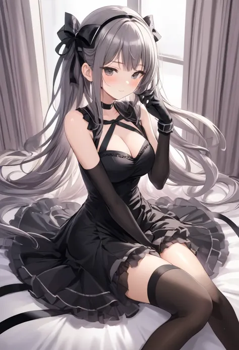 1girl, solo, long hair, breasts, blush, bangs, large breasts, thighhighs, gloves, dress, ribbon, cleavage, bare shoulders, sitting, very long hair, closed mouth, closed eyes, hair ribbon, grey hair, sidelocks, thighs, hairband, detached sleeves, sleeveless...