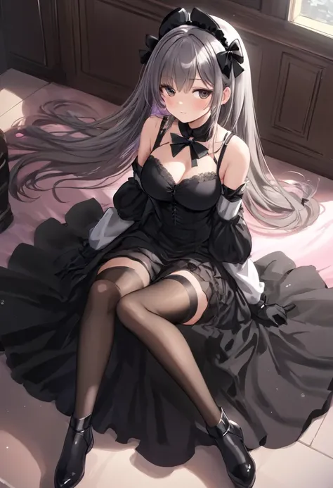 1girl, solo, long hair, breasts, blush, bangs, large breasts, thighhighs, gloves, dress, ribbon, cleavage, bare shoulders, sitting, very long hair, closed mouth, closed eyes, hair ribbon, grey hair, sidelocks, thighs, hairband, detached sleeves, sleeveless...