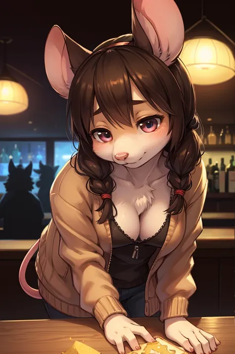 rough sketch style , Hallucination, daydream , nightmare , Insane Dream , bokeh , erotica , realistic Japanese female mouse , round face , Seductive eyes , flasher , (open clothes by hands) , realistic long nose , hair tie , Bar, Cocktails , cheese , sweat...