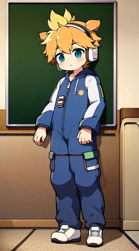 2D Shonen Shota，One-piece mountaineering suit，Put the headphones on your head，permanent，goggles，trumpet，Cow ears，sports shoes，classroom