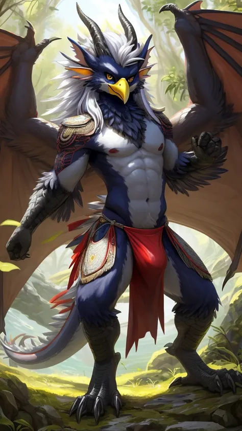 ultra-detailed, masterpiece, masterwork, high quality, best quality, hdr, (nature, japanese style), nsfw, male, solo, dragon, avian, (bulge loincloth), (navy little body crow), (long silver hair, beak, horn), detailed yellow eyes, tsurime, standing, dynami...