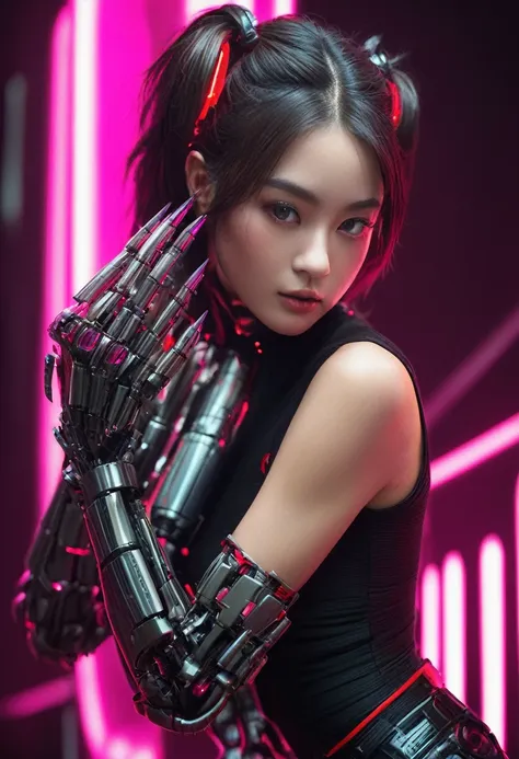 xxmixgirl. Highly detailed professional 35mm film, bokeh, face in sharp focus. A robotic female, Miku, with ((metal skin)), ((perfect Asian eyes)) with magenta irises and ((black pupils)), beautiful serious (detailed face), 18 year old ((photorealistic fac...