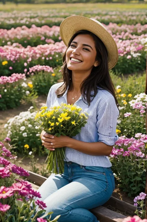 Mujer feliz en un campo de flores mirando al cielo