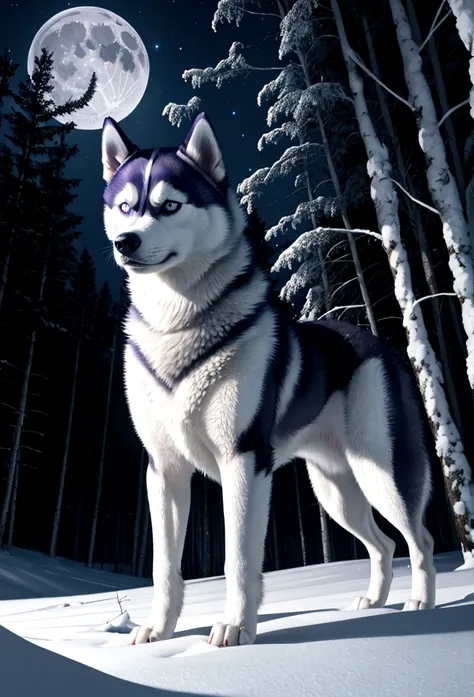 Siberian husky in the forest.Rin々A good appearance、Moonlit Night