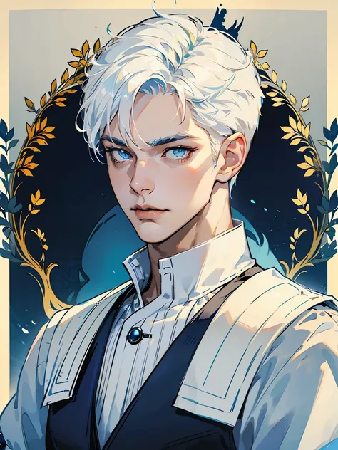 1boy, 25 years old, young, man, white hair, blue eyes, belle pose d&#39;anime, MC male lead, webtoon, cheveux blancs, hades style, hades game, hypnos, tartarus scenery, fumes, greek columns in background, lots of columns, architecture, boss, formal busines...