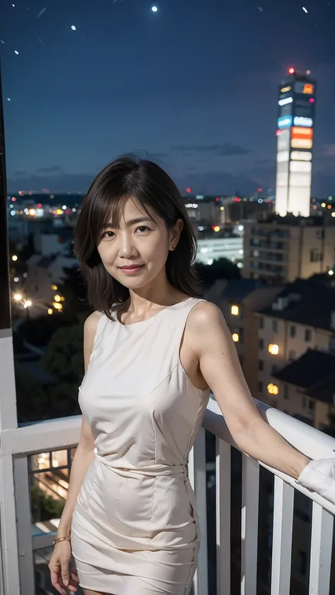 ((Highest quality, 8K, Ultra high definition)), ((masterpiece: 1.3)), (Perfect appearance), (Photorealism: 1.6), (JMA), (TI), (1人のJapanese Mature), (60 years old, Japanese Mature), (A Japanese woman standing on a balcony looking at the night view: 1.6), (S...