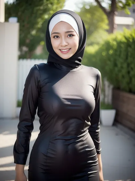 36 years Old, Hijab Indonesian mature woman, hardware store, Slim body, tight long sleeve dress, Breast about To burst out, blur background, bokeh, smiling, elegant, detailed skin, 