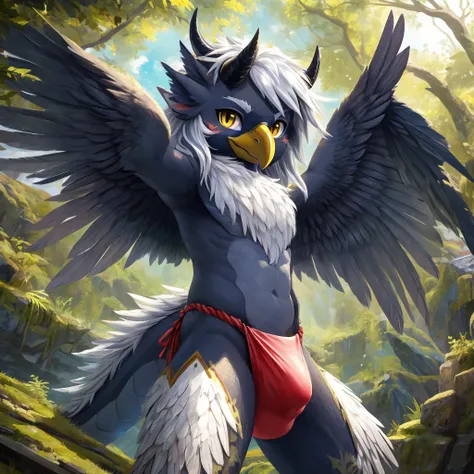 ultra-detailed, masterpiece, masterwork, high quality, best quality, hdr, (nature, japanese style), nsfw, male, solo, dragon, avian, chibi, (bulge white fundoshi), (navy little body crow), (long silver hair, beak, horn), detailed yellow eyes, tsurime, stan...