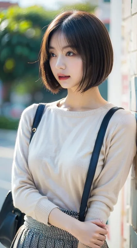  Highest quality, shape, Very detailed, finely, High resolution, 8k wallpaper, 完璧なダイナミックな構shape, Beautiful and exquisite,  Natural Lip, whole body, front,Shyness、Embarrassed expression、Large Breasts、Slightly sagging breasts、Bob Cut Hair、University classroo...