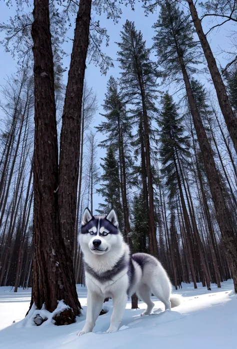 Siberian husky in the forest.lying on a tree、Rin々A good appearance、Moonlit Night