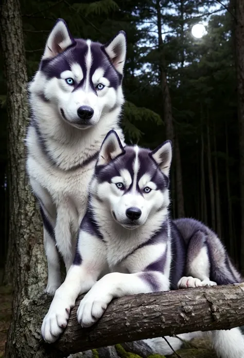 Siberian husky in the forest.lying on a tree、Rin々A good appearance、Moonlit Night