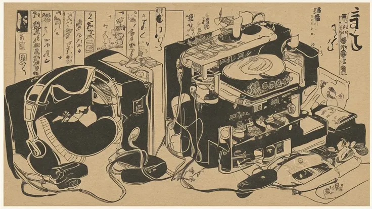 Japanese painting、music、headphone、DJ、record