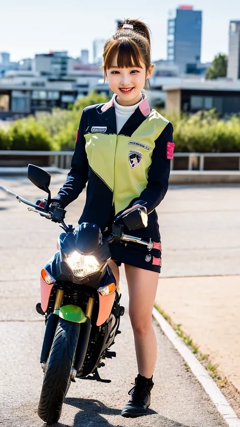 Glowing Korean beauty with cybernetic arm,(Transparent and revealing clothing:1.3, ),(Cyber Girl is、Ride your green Kawasaki Ninja 250 motorbike through a futuristic city:1.3),mini skirtを履いてバイクに跨り白いパンティが見えてます、kawasaki ninja250、Showing her white panties.、 （...