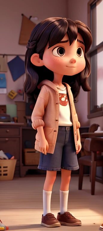 create a thin 9-year-old girl with long dark pixar-style hair standing in front