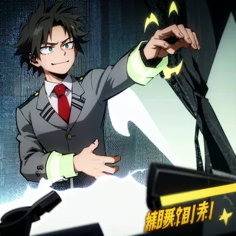 1boy, male focus, boku no hero academia, masterpiece, best quality, very aesthetic, muscular body, spiked up hair, black hair, green eyes, smirk, gray jacket, red tie, white shirt, teal pants, boots 