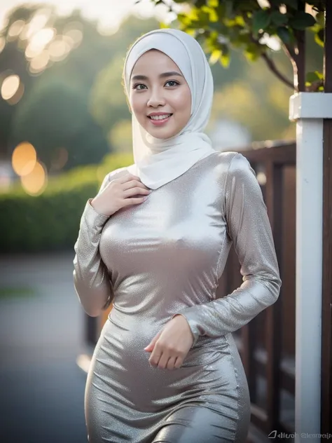 36 years Old, Hijab Indonesian mature woman, hardware store, Slim body, tight long sleeve dress, Breast about To burst out, blur background, bokeh, smiling, elegant, detailed skin, 