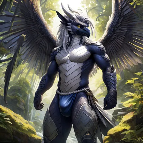 ultra-detailed, masterpiece, masterwork, high quality, best quality, hdr, (nature, japanese style), nsfw, male, solo, dragon, avian, (bulge white fundoshi), (navy little body crow), (long silver hair, beak, horn), detailed yellow eyes, tsurime, standing, d...