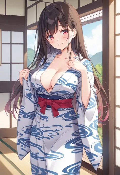 Cute beautiful girl、Beautiful breasts、naked、(smile,, Blushing, :1.2)、Open yukata,Long Hair