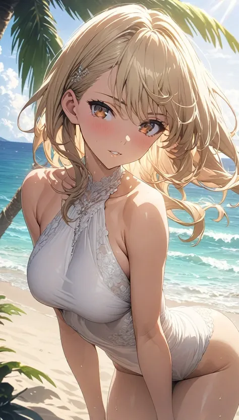 masterpiece, rich colors, Best quality, detailed, high resolution, Hyper quality, high detail, , high quality, detailing, skinny sexy girl on the beach , bright lighting , Brown eyes, Anime, palm trees, bright lighting,