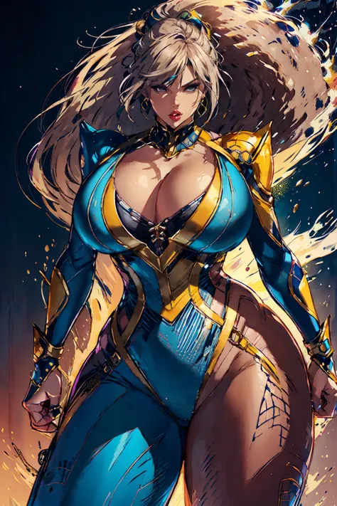 (light skin:1.1, thick thighs:1.1, huge breasts:1.1) afro, (tight:0.9) multicolorvbutton down, 70s clothes anime superhero attire, holding a (kitana:1.1), (best quality:1.2), ultra-detailed, (realistic:1.37), portraits, vibrant colors, warm tones, soft lig...