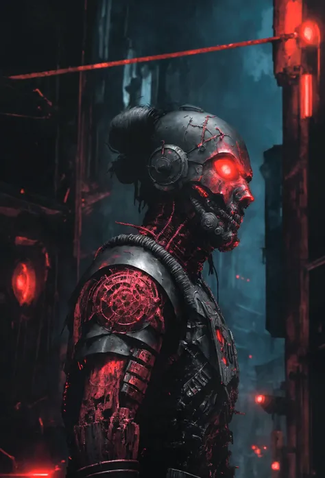  
(extremely detailed 8k wallpaper), a medium shot photo of cyberpunk scary Grim dressed as a dirty supervillain in an armour made of red glowing wires from marvel, horror theme, intricate, high detail, dramatic, old scary building in the background