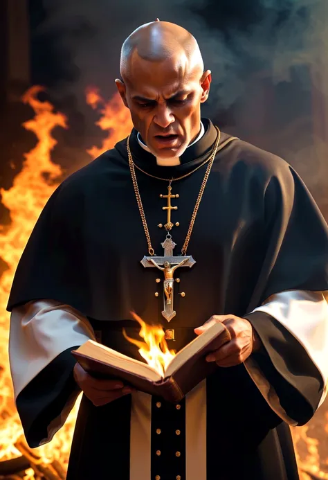 Create an image with an ultra realistic maromba muscular priest in cassock tearing up with so much muscle the priest has a face with an angry expression with a crucifix in his hand expelling demons with a fire background the desperate demon full hd com a b...