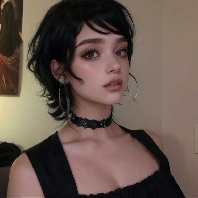 Mujer arafed con un top negro y un estrangulador negro., 1 7 - year - old gothic girl, 1 7 - year - old anime gothic girl, Cabello negro desordenado, pelo cortado hime negro, gothic girl aesthetic, con pelo corto with bangs, con pelo corto, usando garganti...