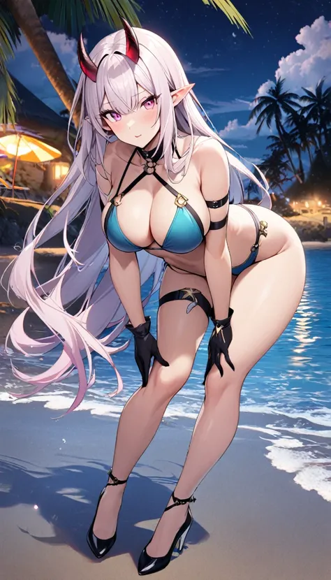 1girl, solo, long hair, breasts, looking at viewer, bangs, large breasts, gloves, cleavage, swimsuit, bikini, outdoors, horns, sky, pointy ears, cloud, pink eyes, water, high heels, tree, night, beach, snake, palm tree ,