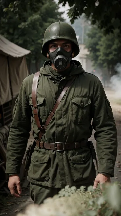 A man with gas mask in 1918s German soldier WWI 