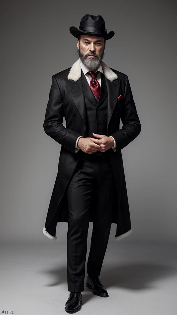 game character man in black suit and fur collared coat aristocrat style red vest middle aged black and white hair and beard hold...