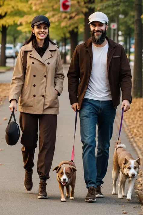 A couple walking dogs he is tall thin white with a beard and dark eyebrows and a cap she is short with chocolate hair and cinnamon skin smiling with dimples on her cheeks and a piercing in her nose.