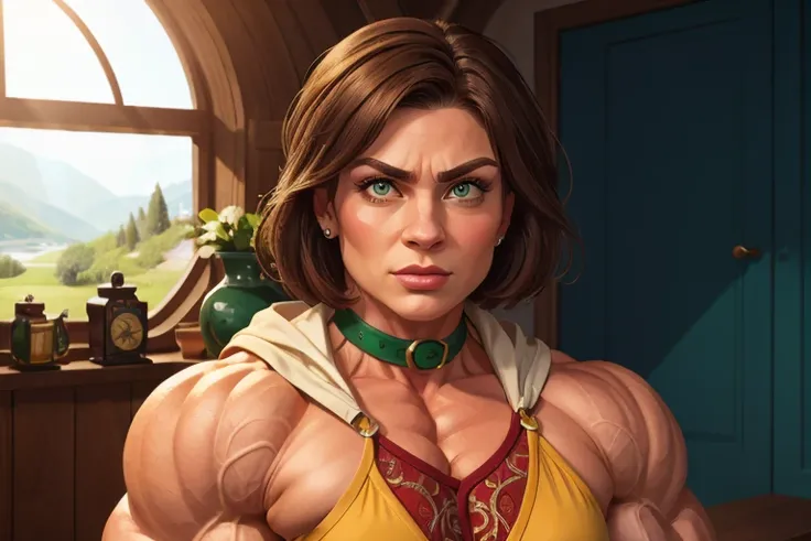 (masterpiece:1.2), (best quality), (ultra detailed), (8k, 4k, intricate),(full-body-shot:1), (highly detailed:1.2),(detailed face:1.2), (detailed background), muscle woman with brunette hair, woman with huge muscles, mature woman, stern expression, green e...