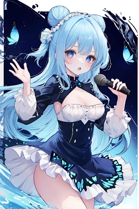 girl,cute,water色のふんわりロングヘアー,Bun on top,Jewel-like eyes,Big Breasts,A fluffy dress that looks like a uniform,Miniskirt,water,water色のbutterflyの髪飾り,butterfly,microphone,singer.stage,Small Robe,My chest is a little visible,I can see your chest,Big Breasts