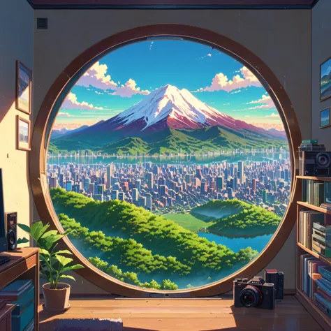 ((anime:1.4,illustration)),(masterpiece, top quality, best quality),(ultra-detailed, absolutely resolution),((16k, high res)), (((drilled snowy mountain, blue sky, city reflected in the hole)), ((landscape, wide shot, long shot)) ((cozy lofi illustration:1...