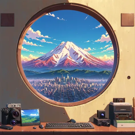 ((anime:1.4,illustration)),(masterpiece, top quality, best quality),(ultra-detailed, absolutely resolution),((16k, high res)), (((drilled snowy mountain, blue sky, city reflected in the hole)), ((landscape, wide shot, long shot)) ((cozy lofi illustration:1...