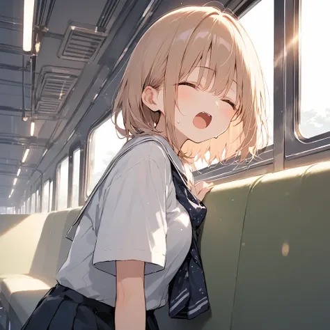 score_9, score_8_up, score_7_up, source_anime, best quality, masterpiece,ultra-detailed,official art, absurdres, highres, waifu2x, break,1girl, school girl, short hair, sweat,  open mouth, (yawn:0.3), sleepily, night, train, break,(clear line illustration:...